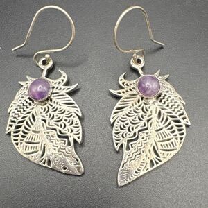 Sterling Silver and Amethyst Leaf Earrings, NEW, 2.75”, Handmade
